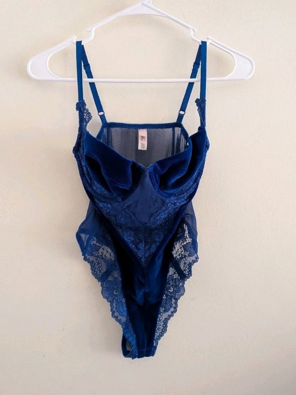 Vtg Victoria Secret Blue Velvet Lace Bodysuit Teddy 36B High Cut One Piece 90s